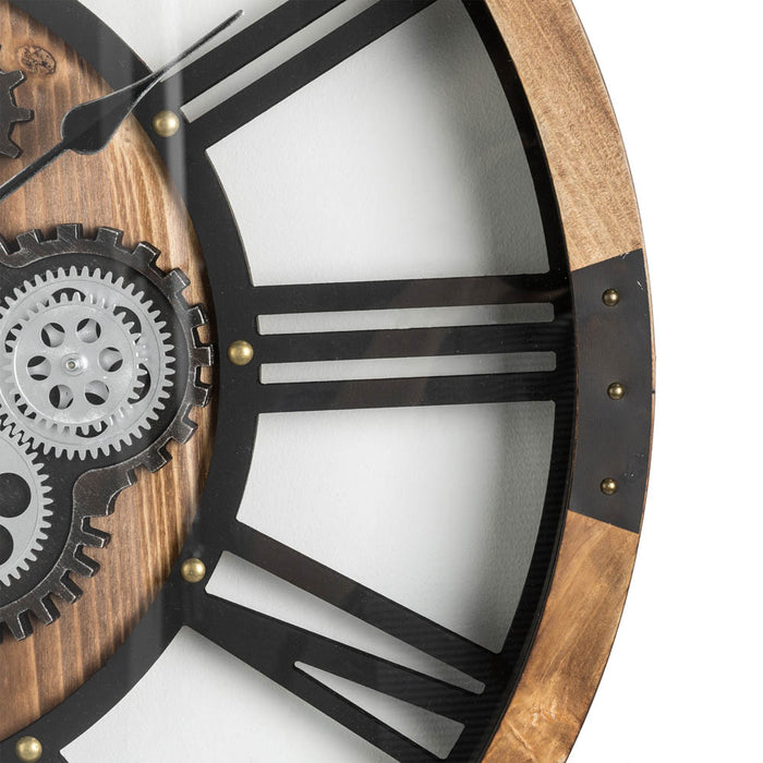 26.77"D Industrial Wooden/Metal Round Gear Wall Clock with Tempered Glass