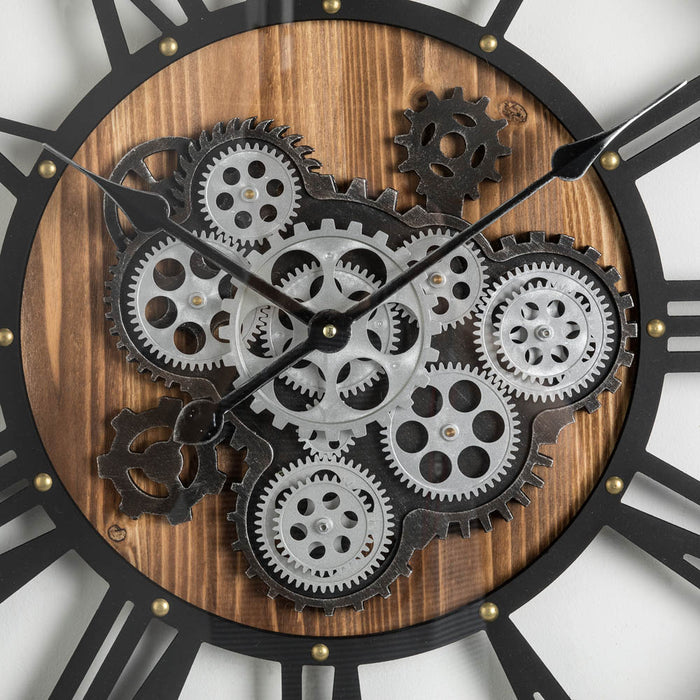 26.77"D Industrial Wooden/Metal Round Gear Wall Clock with Tempered Glass