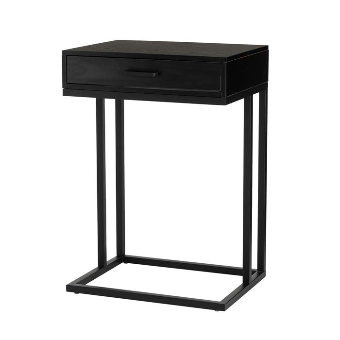 26"H Modern Industrial Black Wood/Metal C Side & End Table with a Drawer and 2 USB Charging Ports