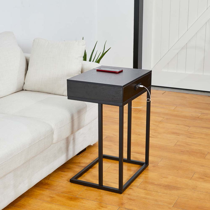 26"H Modern Industrial Black Wood/Metal C Side & End Table with a Drawer and 2 USB Charging Ports