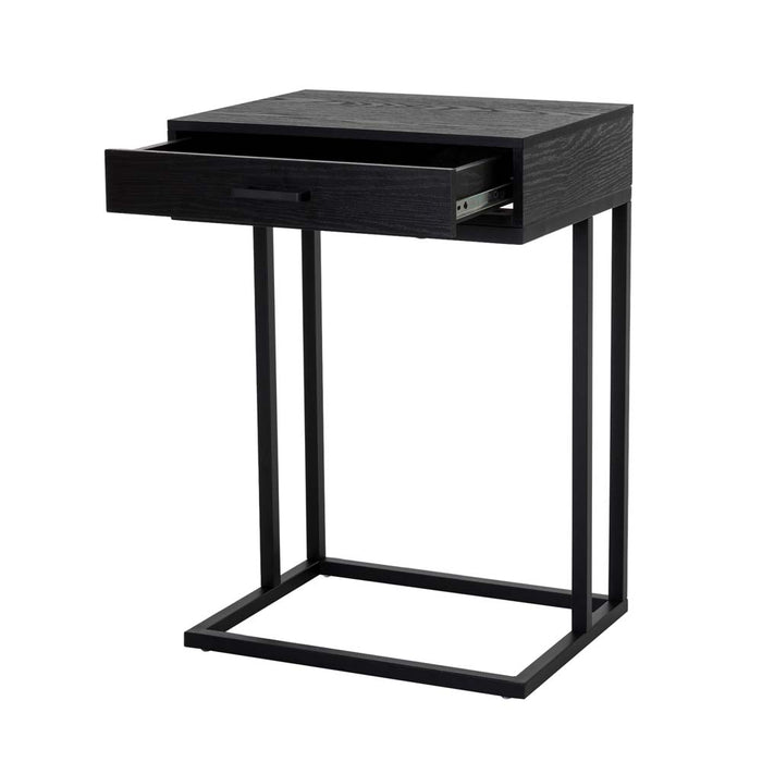 26"H Modern Industrial Black Wood/Metal C Side & End Table with a Drawer and 2 USB Charging Ports