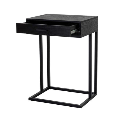 26"H Modern Industrial Black Wood/Metal C Side & End Table with a Drawer and 2 USB Charging Ports