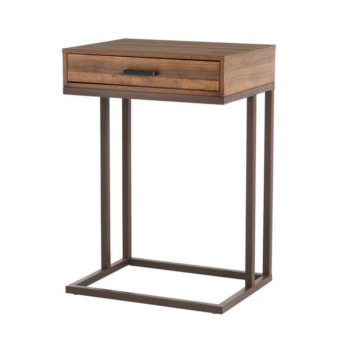 26"H Modern Industrial Brown Wood/Metal C Side & End Table with a Drawer and 2 USB Charging Ports