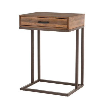 26"H Modern Industrial Brown Wood/Metal C Side & End Table with a Drawer and 2 USB Charging Ports