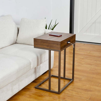 26"H Modern Industrial Brown Wood/Metal C Side & End Table with a Drawer and 2 USB Charging Ports