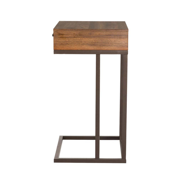 26"H Modern Industrial Brown Wood/Metal C Side & End Table with a Drawer and 2 USB Charging Ports