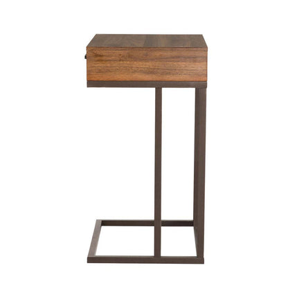 26"H Modern Industrial Brown Wood/Metal C Side & End Table with a Drawer and 2 USB Charging Ports