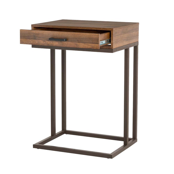 26"H Modern Industrial Brown Wood/Metal C Side & End Table with a Drawer and 2 USB Charging Ports