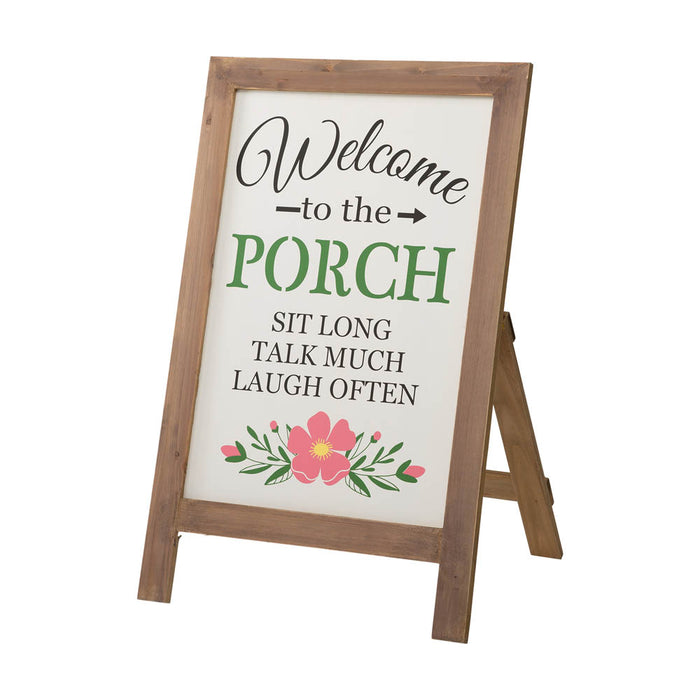 29.75"H "Welcome to the Porch" Wood Framed Easel Porch Sign with Flowers
