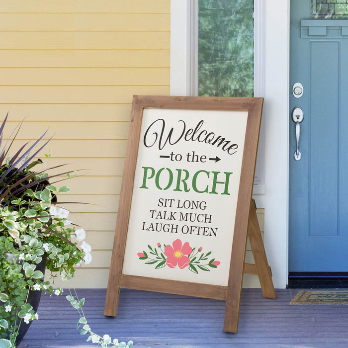 29.75"H "Welcome to the Porch" Wood Framed Easel Porch Sign with Flowers