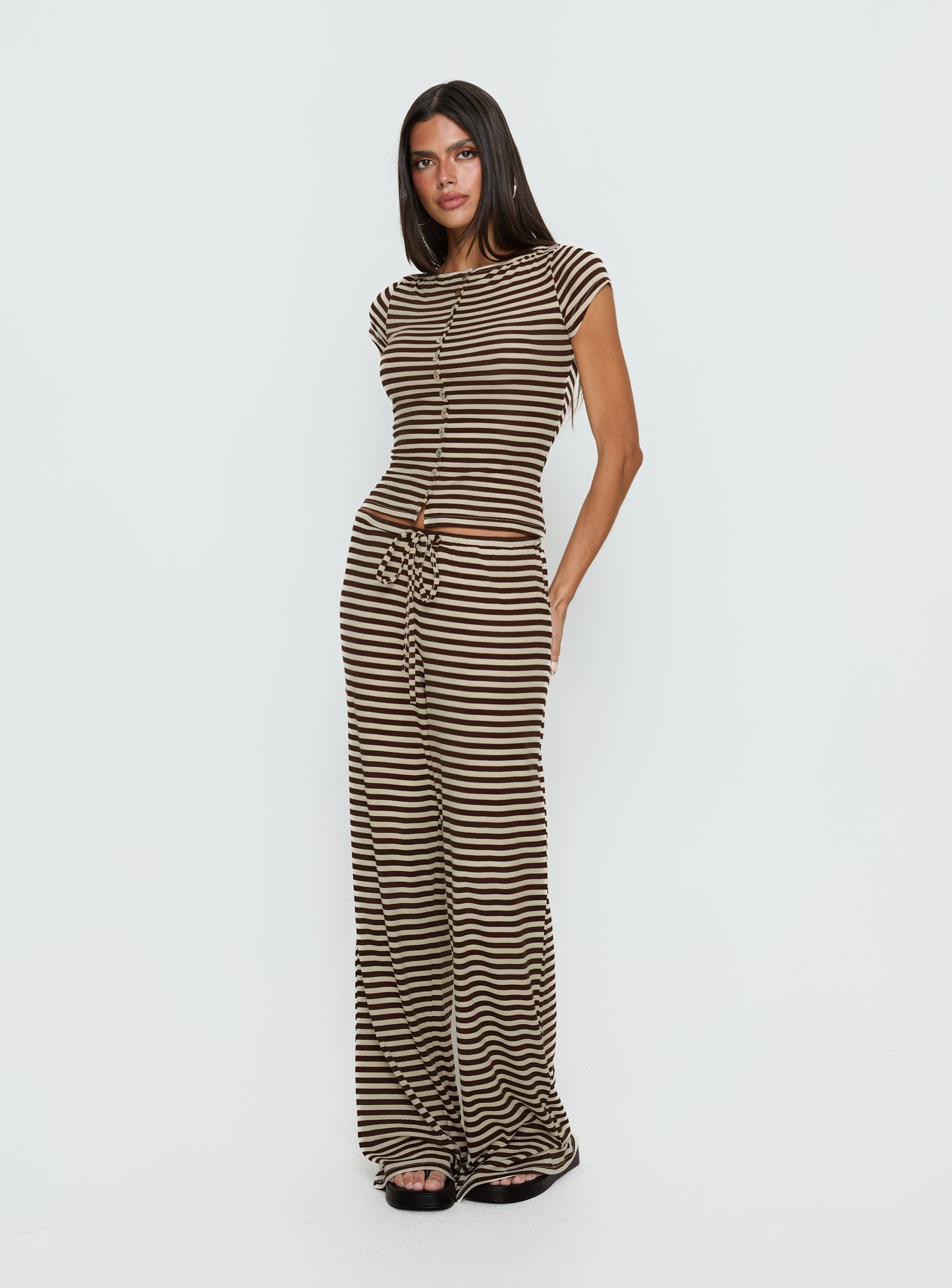Angellina Jersey Button Down Top Chocolate / Cream Stripe