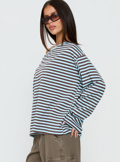 Settle Down One Shoulder Long Sleeve Top Chocolate / Blue Stripe