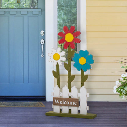 35.75"H Wooden Trio Flowers and Fence Welcome Porch Décor