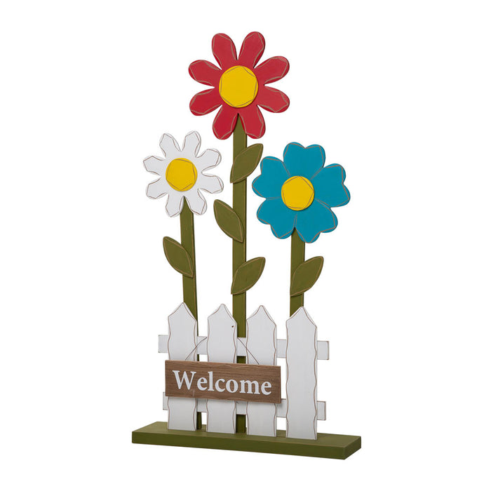 35.75"H Wooden Trio Flowers and Fence Welcome Porch Décor