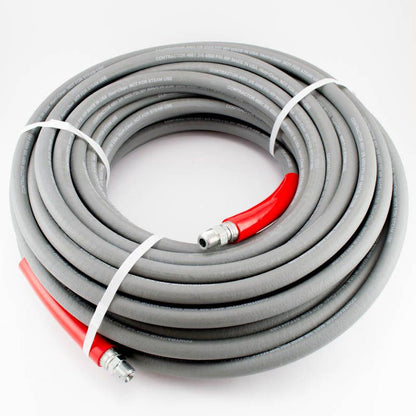A gray high pressure wash hose with red ends, coiled and tied with a white band.