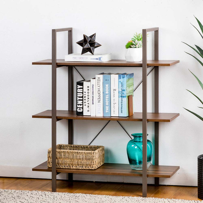 41.5"H Modern Industrial Brown Wood/Metal 3-Tier Bookcases & Shelves