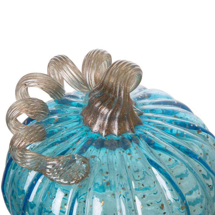 5.51"D Hand Blown Blue Glitter Glass Pumpkin Decor
