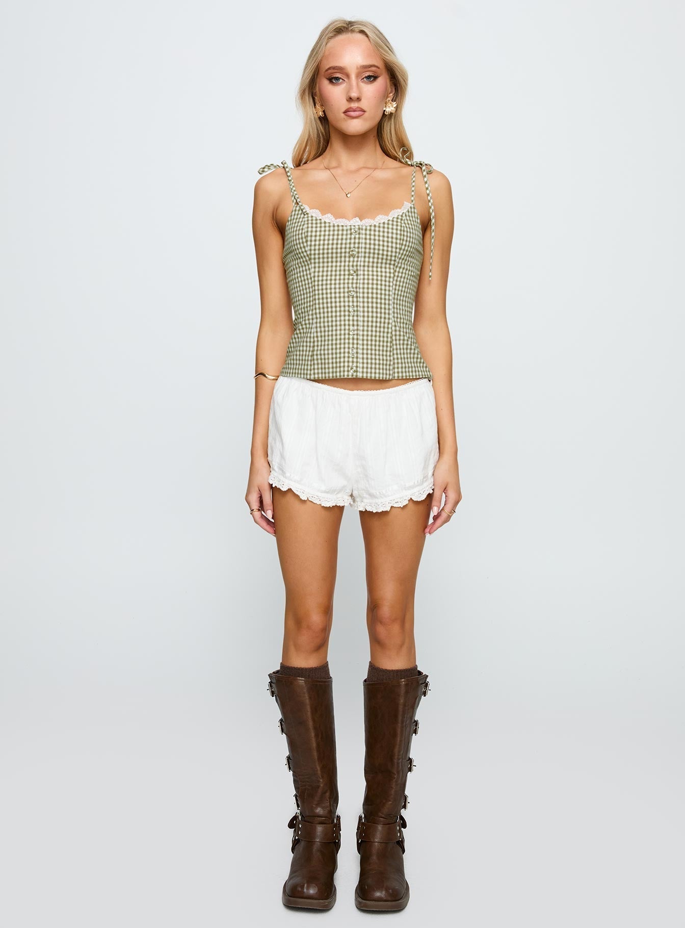 Dalanie Tie Strap Top Green Check