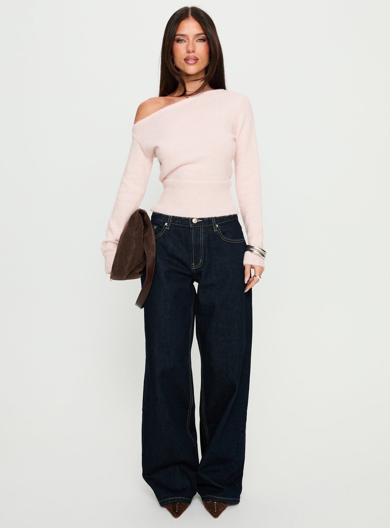 Selbey Fluffy Cinched Waist Off Shoulder Top Pink