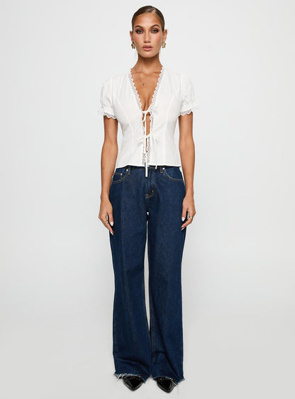 Abundance Tie Up Lace Trim Top White