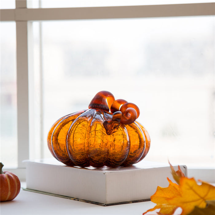 6.69"L Hand Blown Amber Crackle Glass Pumpkin Decor