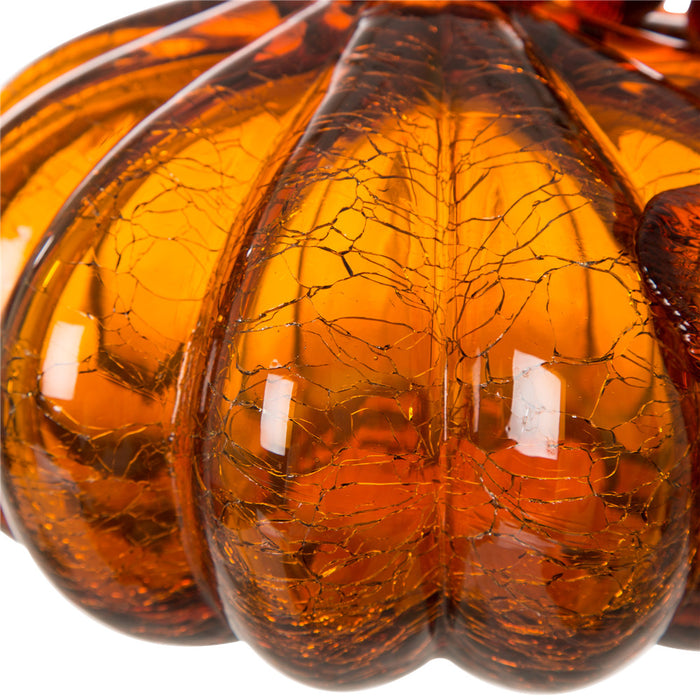 6.69"L Hand Blown Amber Crackle Glass Pumpkin Decor