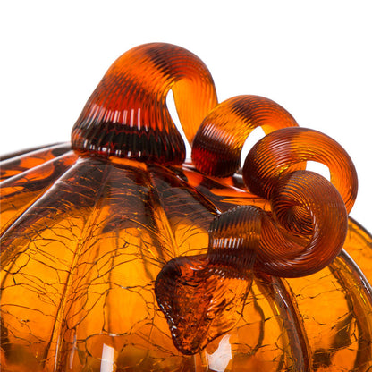 6.69"L Hand Blown Amber Crackle Glass Pumpkin Decor