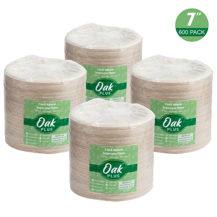 7 inch Natural Compostable & Disposable Sugarcane Plates, 600 Pack