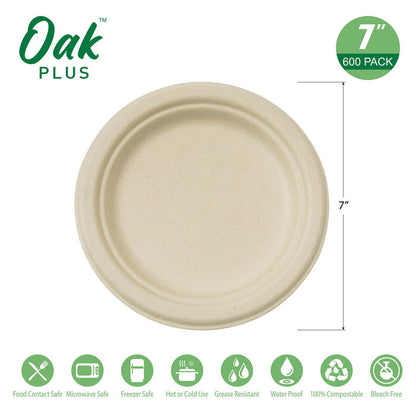 7 inch Natural Compostable & Disposable Sugarcane Plates, 600 Pack