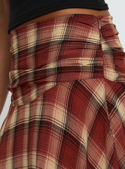 Evanescence Asymmetrical Midi Skirt Brown Check