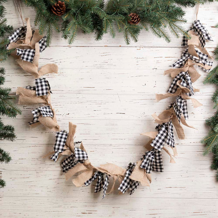 72"L Black & White Plaid Fabric/Linen Garland
