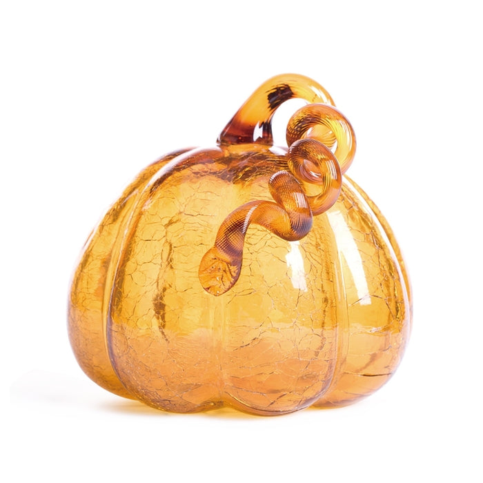 7.87"L Hand Blown Amber Crackle Glass Pumpkin Decor