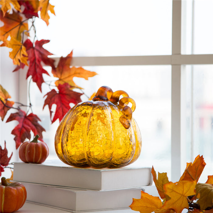 7.87"L Hand Blown Amber Crackle Glass Pumpkin Decor