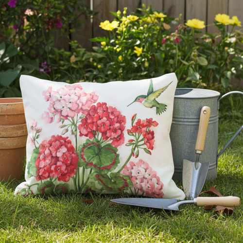 Accent Pillow Spring Geraniums w/ Hummingbird