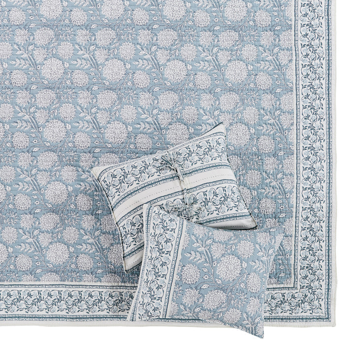 Decorative blue and white patterned rug with pillows on a matching background