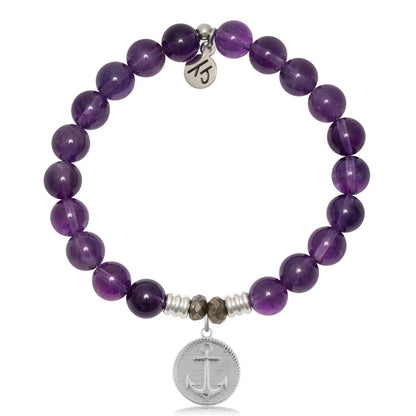 Amethyst Gemstone Bracelet with Anchor Sterling Silver Charm