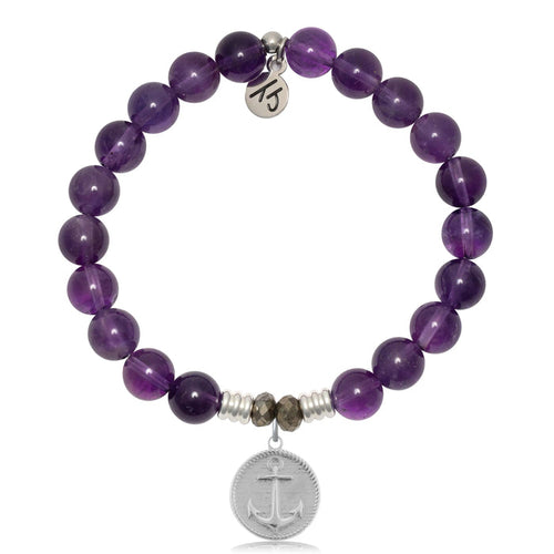 Amethyst Gemstone Bracelet with Anchor Sterling Silver Charm