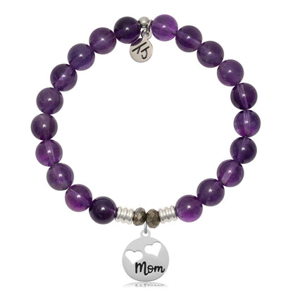 Amethyst Gemstone Bracelet with Mom Hearts Sterling Silver Charm