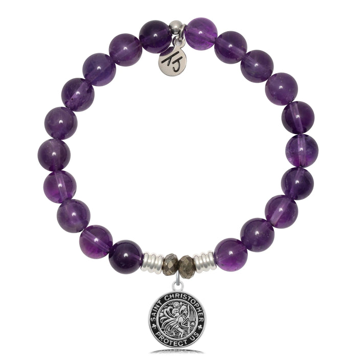 Amethyst Gemstone Bracelet with Saint Christopher Sterling Silver Charm