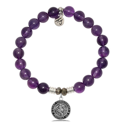 Amethyst Gemstone Bracelet with Saint Christopher Sterling Silver Charm