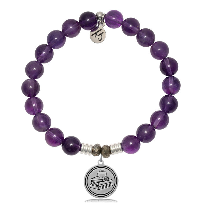 Amethyst Gemstone Bracelet with Teacher Sterling Silver Charm