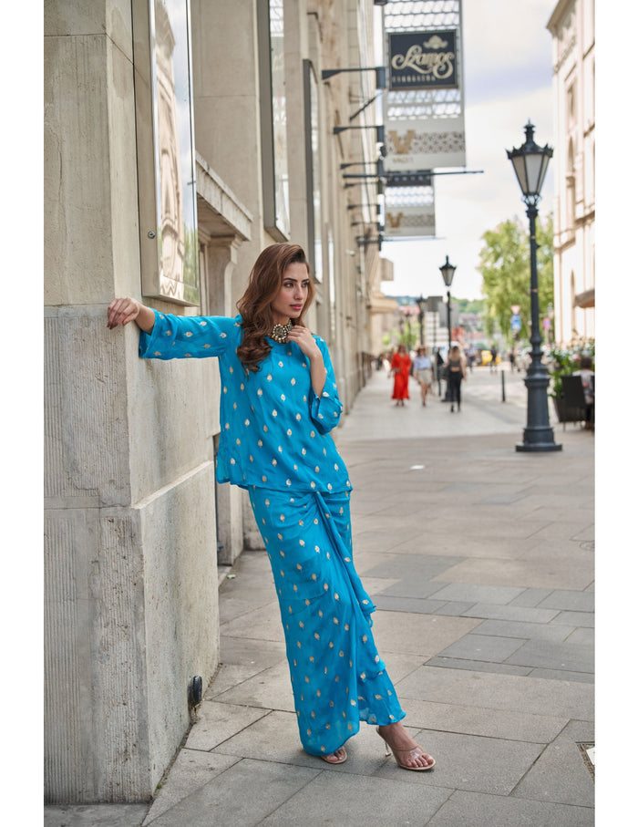 Aqua Blue Drop Sleeves Embroidered Chinon Top With Front Pleated Skirt