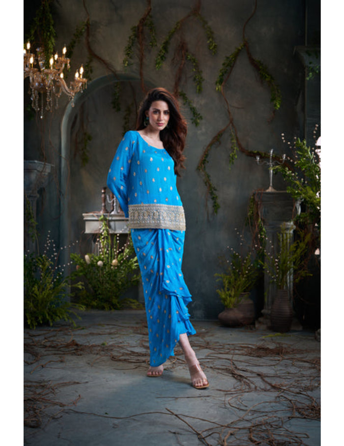 Aqua chinon embroidered top with pleated skirt