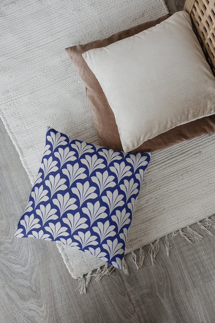 Art Deco Floral Outdoor Pillows Dark Navy Blue