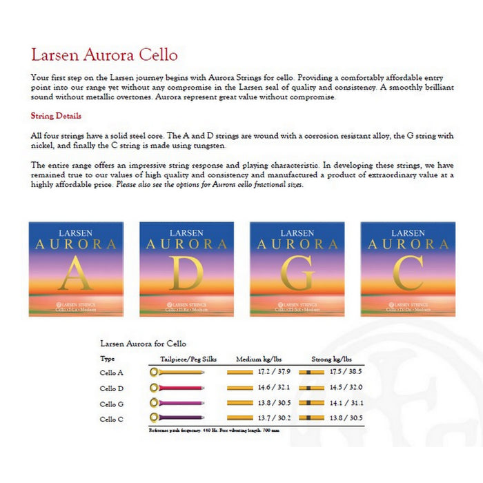 Larsen Aurora Cello Strings Silk Color Spec Chart