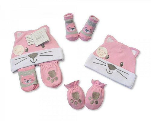 Baby Hat, Socks and Mitten Set - Cat (Gp 2516-0677) - Kidswholesale.co.uk