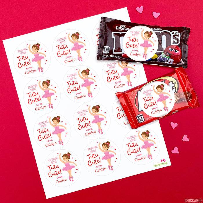 Ballerina Valentine's Day Stickers - Brown Hair