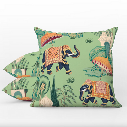 Banswara Outdoor Pillows Chinoiserie Indian Elephants Green