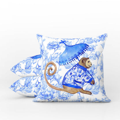 Belvedere II Outdoor Pillows Chinoiserie Monkey Palm Blue