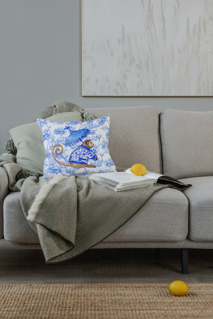 Belvedere II Outdoor Pillows Chinoiserie Monkey Palm Blue